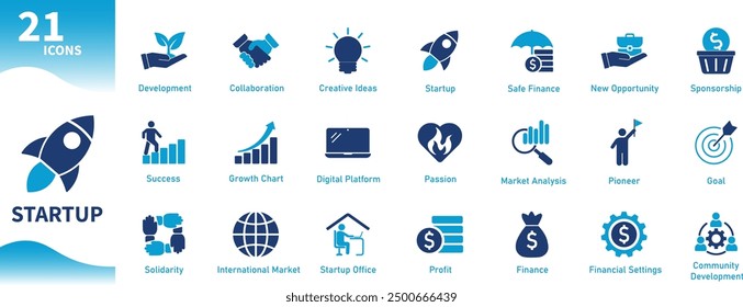 Startup icon. Set of solid vector icons on the theme of business, investment, finance, development, market analysis