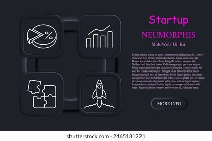 Conjunto de iconos de inicio. Estadísticas, gráficos, cohete, porcentaje, diagrama, camino a la meta, estrategia, ahorro de dinero, rompecabezas, tarea, neomorfismo, justo en el objetivo. Concepto de proyecto comercial.