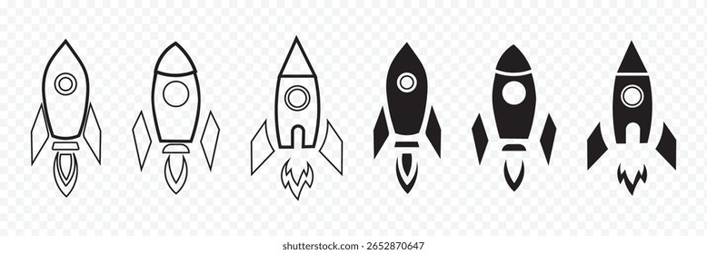 Startup icon set vector in black and white colors. rocket icon. Set of rocket vector icons. Launch spaceship or spacecraft. Rocket fast flying for space. New business start up. eps 10