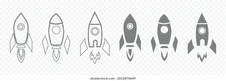 Startup icon set vector in black and white colors. rocket icon. Set of rocket vector icons. Launch spaceship or spacecraft. Rocket fast flying for space. New business start up. eps 10