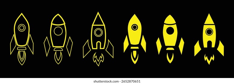 Startup icon set vector in black and white colors. rocket icon. Set of rocket vector icons. Launch spaceship or spacecraft. Rocket fast flying for space. New business start up. eps 10