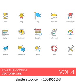 Startup icons including award, badge, flag, graduate, caring people, laptop, working time, schedule, coffee break, speed, message, search, help, setting.