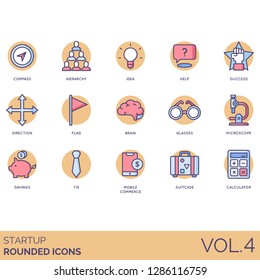 Startup icons including compass, hierarchy, idea, help, success, direction, flag, brain, glasses, microscope, savings, tie, mobile commerce, suitcase, calculator.