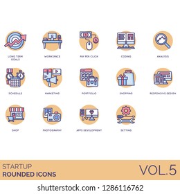 Startup icons including long term goals, workspace, pay per click, coding, analysis, schedule, marketing, portfolio, shopping, responsive design, shop, photography, apps development, settings.