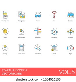 Startup icons including smartphone, photography, glasses, tie, suitcase, brain, microscope, direction, compass, growing, savings, calculator, transform, trash, fight.