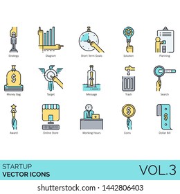 Startup icons including strategy, diagram, short term goals, solution, planning, money bag, target, message, trash, search, award, online store, working hours, coins, dollar bill.