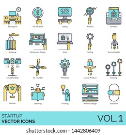 Startup icons including workspace, pay per click, coding, portfolio, shopping, responsive design, shop, setting, rocket, crowdfunding, co-founder, prototype, launch, growing, winner, learning, website