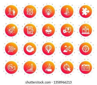 Startup icons. Launch Project, Business report, Target icons. Strategy, Development plan, Startup space rocket. Air balloon, Out of the Box strategy and Business innovation report. Vector