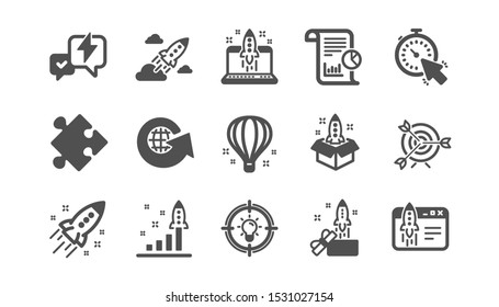 Startup icons. Launch Project, Business report and Target. Strategy classic icon set. Quality set. Vector