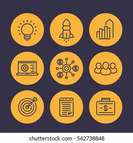 startup icons in linear style, product launch, development, funding, initial capital, contract, team, target market, customers