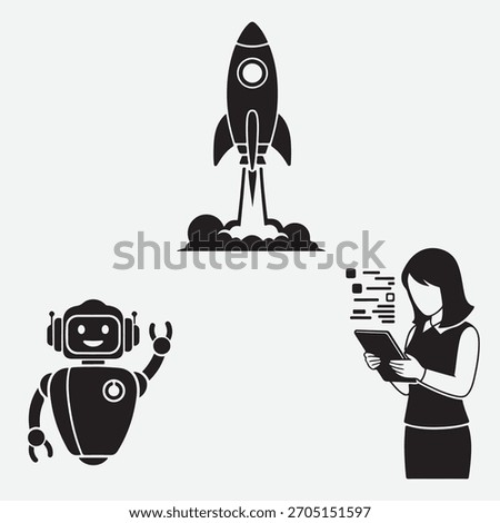 Startup icons: rocket launch, robot, and businesswoman with tablet