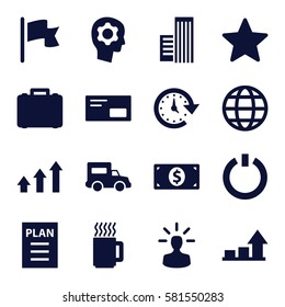 Startup icons set. Set of 16 Startup filled icons such as graph, user bulb, switch off, time, globe, flag, money dollar, case, truck, plan, star, envelop, gear in head