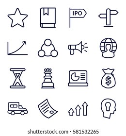 Startup icons set. Set of 16 Startup outline icons such as graph, connection, keyhole in head, user globe, truck, star, chart on display, document, megaphone, direction, book