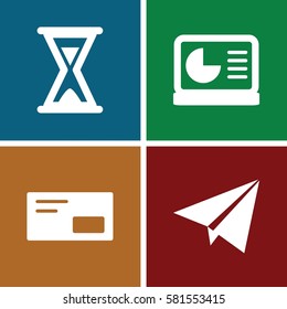 Startup icons set. Set of 4 Startup filled icons such as paper plane, envelop, chart on display