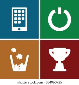 Startup icons set. Set of 4 Startup filled icons such as switch off, trophy, calendar on phone