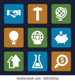 Startup icons set. Set of 9 Startup filled icons such as piggy bank, handshake, globe, search dollar, user globe, test tube, hammer, air balloon