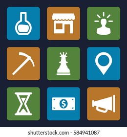 Startup icons set. Set of 9 Startup filled icons such as user bulb, map location, test tube, money dollar, megaphone, hammer, store, chess king