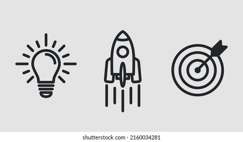 Startsymbole eingestellt. Glühbirnen, Raketen und Bullseye minimale Symbole. Konzepte von Idee, Unternehmensgründung und Zielvorgabe. Symbole für Webdesign, App-Schnittstelle. Vektorgrafik