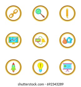 Startup icons set. Cartoon set of 9 startup vector icons for web isolated on white background