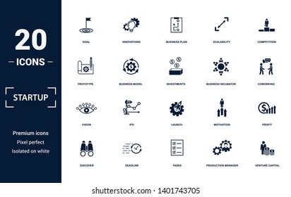 Startup icons set collection. Includes simple elements such as Goal, Innovations, Business Plan, Scalability, Competition, Ipo and Launch premium icons.