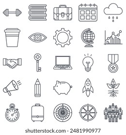 Conjunto de iconos de inicio, Iconos incluidos como Bombilla, Taza de café, Apretón de manos, Maleta y más símbolos colección, logotipo aislado Ilustración vectorial