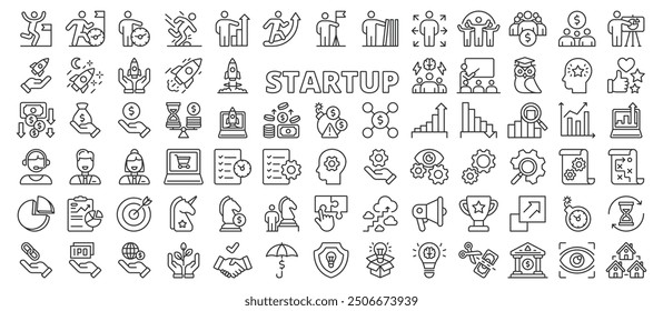 Startup icons set, in line design. Entrepreneurship, Innovation, Business growth, New venture, Startup culture, Tech startup on white background vector. Startup editable stroke icons.