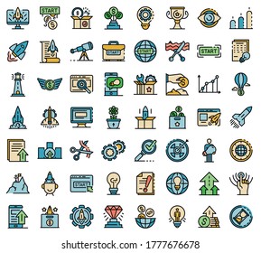 Startup icons set. Outline set of startup vector icons thin line color flat on white