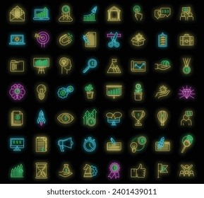 Startup icons set. Outline set of startup vector icons neon color on black