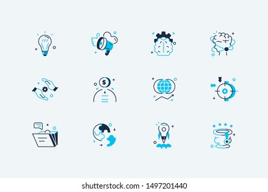 Startup icons set vector illustration. Collection consist of universal symbols for web and mobile applications flat style concept. Isolated on white background