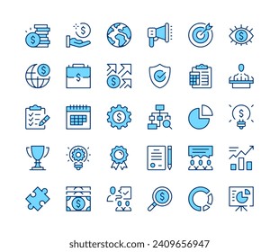 Conjunto de iconos de inicio. Iconos de la línea del vector. Símbolos de trazo de contorno de color azul. Conceptos modernos