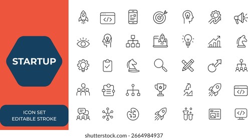 Startup icons set for Web and mobile app development in line style. innovation, business, marketing, strategy, vision, concept, idea icons for digital projects, UI design, technology.