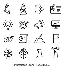 Startup icons, thin line design, can be used to illustrate startup launch, business opportunity, process of creative thinking