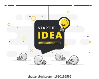 Startup idea badge with light bulb on speech bubble. Trendy flat vector illustration. 