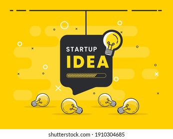Startup idea badge with light bulb on speech bubble. Trendy flat vector illustration. 