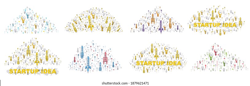 Startup idea business concepts vector illustrations set, image collection with rocket launch and light bulbs and a lot of different icons and symbols.