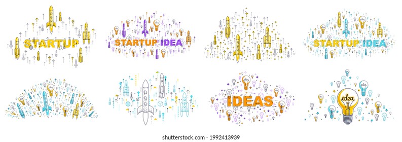 Startup idea business concepts vector illustrations set, image collection with rocket launch and light bulbs and a lot of different icons and symbols.