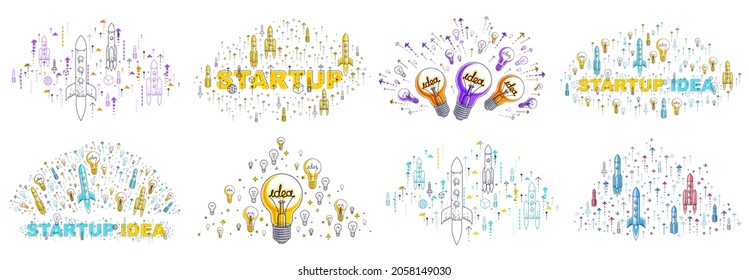 Startup idea business concepts vector illustrations set, image collection with rocket launch and light bulbs and a lot of different icons and symbols.