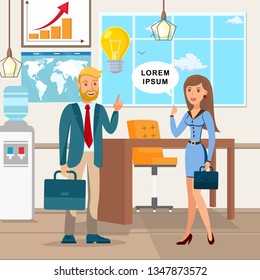 Startup Idea, Business Proposition Illustration. Entrepreneur with Personal Assistant Characters. Businessman Shares Business development Plan with Secretary. Company Office Interior Decor