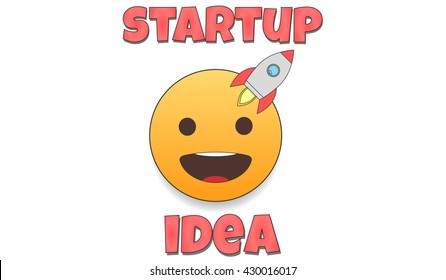Startup idea concept emoji illustration. Emoticon face with space rocket. Outline simple flat illustration