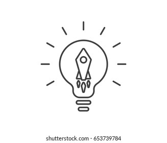 Startup idea icon. Light bulb icon. Rocket icon. Lamp icon. Power of thinking and successful creative ideas symbol with an illuminated light bulb with rocket upward to success