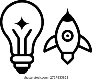 Icono de idea de inicio con bombilla y cohete.