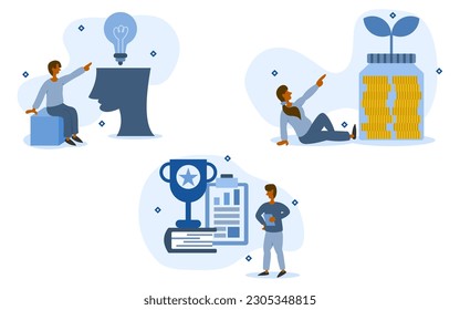 startup idea illustration set. characters come up with new business idea and study. business grows to success and high profit. startup business innovation concept. vector illustration. 