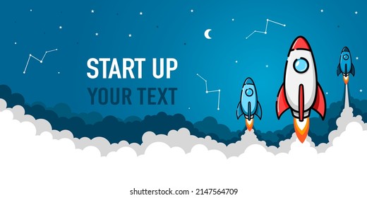 Startup idea landing page screen. rocket banner, rocket ship