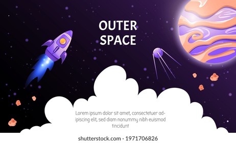 Startup idea Landing page template background, rocket banner with cloud, planet, satellite and space for text. Vector cartoon illustration in game style