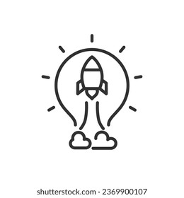 Startup idea, linear icon. Rocket takes off in the shape of a light bulb. Line with editable stroke