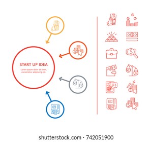 Startup idea presentation with icons of gold, money coins and data isolated on white background. Vector illustration with ideas for business