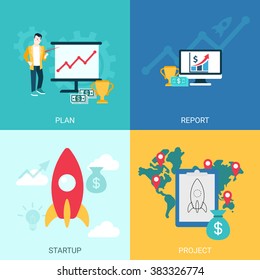 Startup idea project plan report digital marketing flat style website slider banner concept web infographics. Graphic project worldwide global plan spaceship launch.