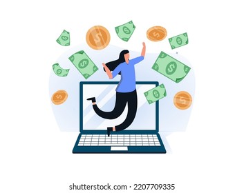 Inicio. La idea de dirigir un negocio y riquezas online exitosos. Ilustración vectorial estilo moderno. portátil con dinero. ingreso pasivo. salario en línea. Concepto de diseño empresarial. Trabajar en casa. Vector