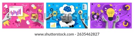 Startup Idea. Student work. Halftone hand. Brain concept. Paper poster for education. Abstract business vintage design. Teamwork collage. Innovation lamp. Growth chart. Vector garish artwork cards set