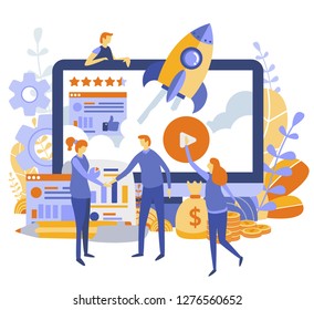 Startup, Idee, Teamwork, Führungskonzept mit Leuten für Webseiten, Banner, Präsentation. Vektorgrafik